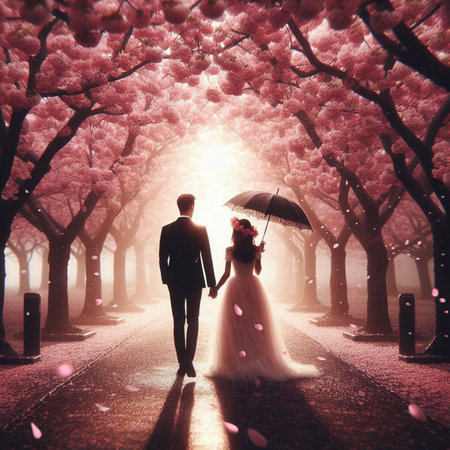 Couple in love walking in blooming cherry blossom garden at sunsetの素材