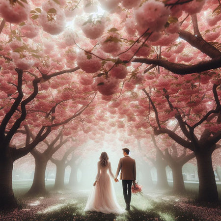 Couple in love walking in blooming cherry blossom garden at sunsetの素材