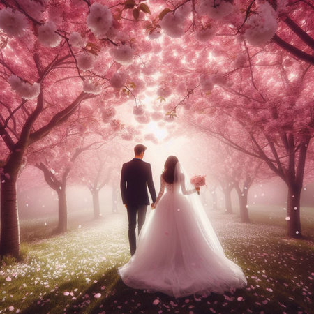 Couple in love walking in blooming cherry blossom garden at sunsetの素材