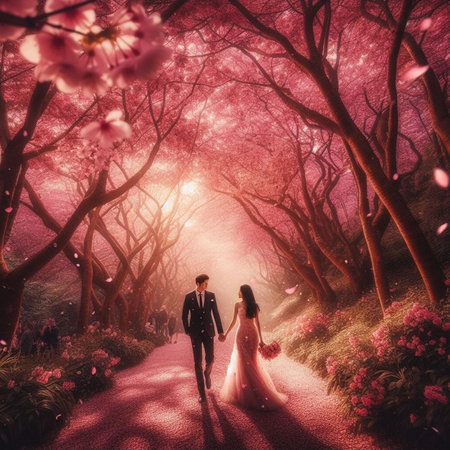 Couple in love walking in blooming cherry blossom garden at sunsetの素材