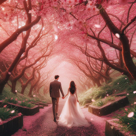Couple in love walking in blooming cherry blossom garden at sunsetの素材
