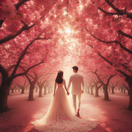 Couple in love walking in blooming cherry blossom garden at sunsetの素材