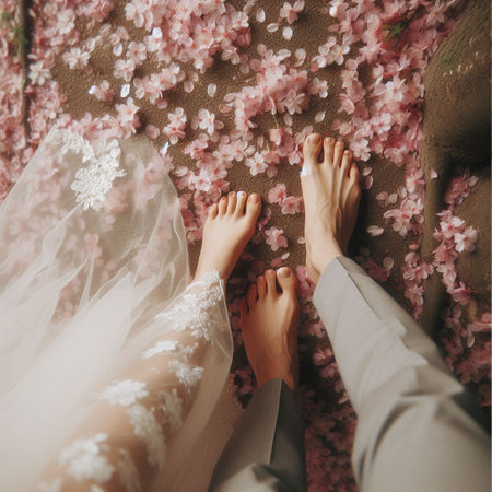 Couple in love walking on the pink cherry blossoms background.の素材