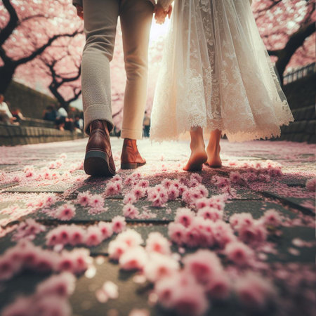 Couple in love walking on the pink cherry blossoms background.の素材
