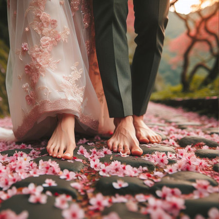 Couple in love walking on the pink cherry blossoms background.の素材