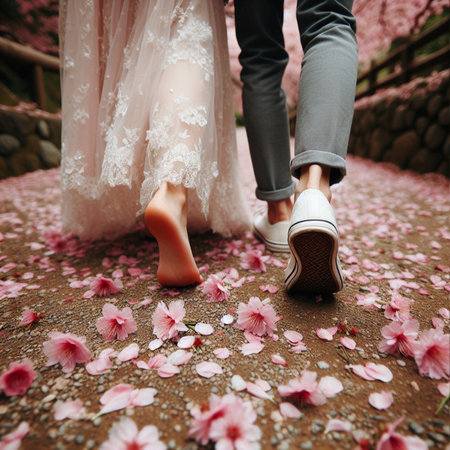 Couple in love walking on the pink cherry blossoms background.の素材