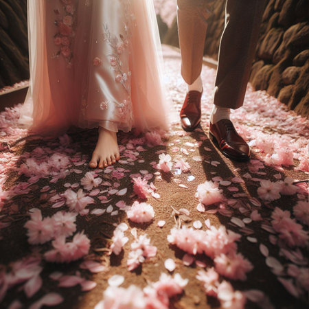 Couple in love walking on the pink cherry blossoms background.の素材