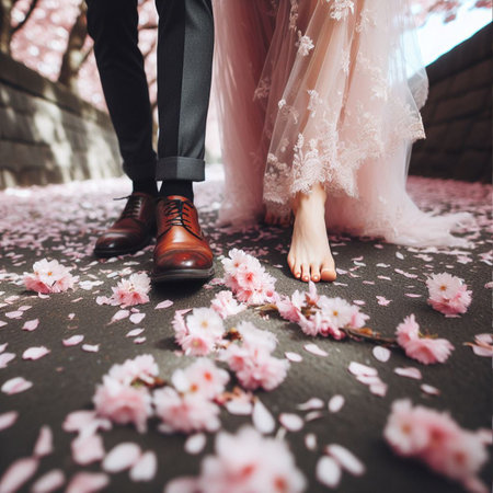 Couple in love walking on the pink cherry blossoms background.の素材
