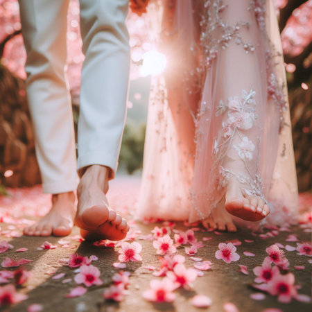 Couple in love walking on the pink cherry blossoms background.の素材