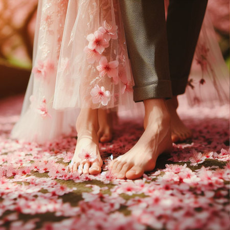 Couple in love walking on the pink cherry blossoms background.の素材