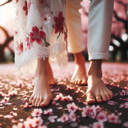 Couple in love walking on the pink cherry blossoms background.の素材