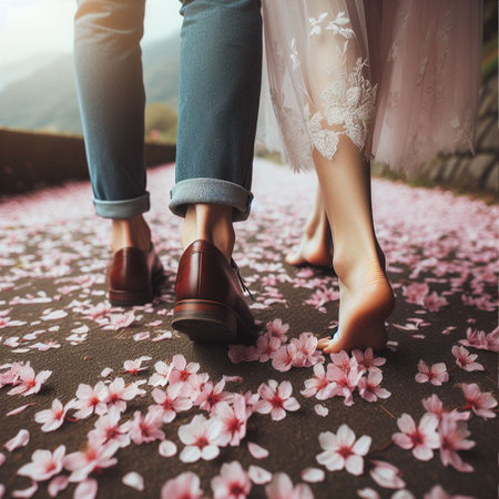 Couple in love walking on the pink cherry blossoms background.の素材