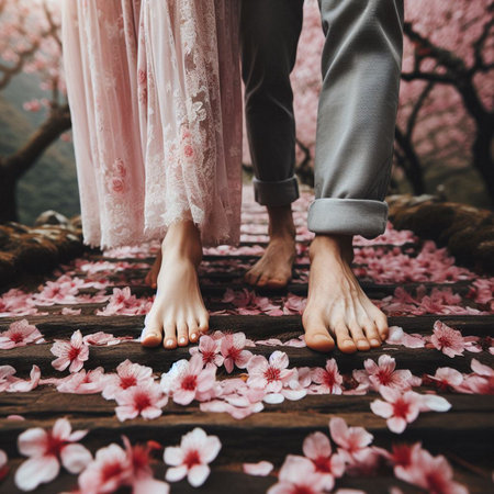 Couple in love walking on the pink cherry blossoms background.の素材