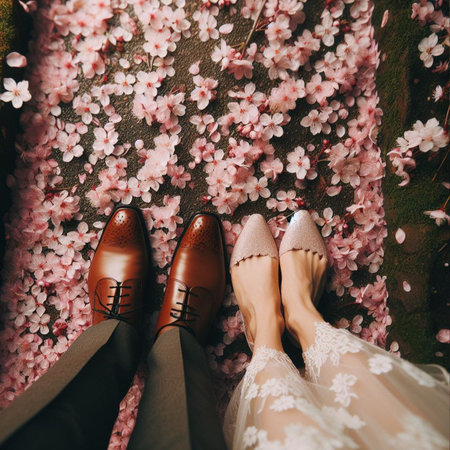 Couple in love walking on the pink cherry blossoms background.の素材