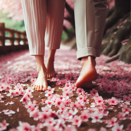 Couple in love walking on the pink cherry blossoms background.の素材