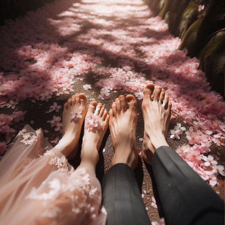 Couple in love walking on the pink cherry blossoms background.の素材