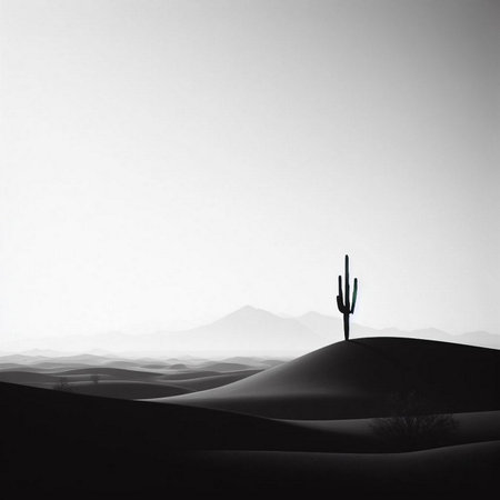 Silhouette of a cactus in the desert. black and whiteの素材