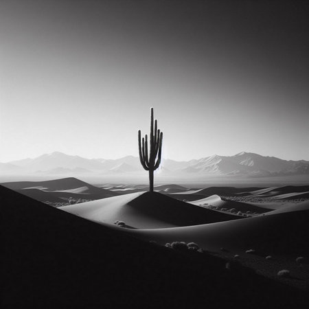 Silhouette of a cactus in the desert. black and whiteの素材