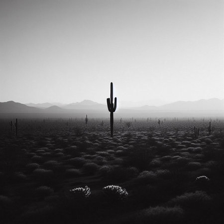 Silhouette of a cactus in the desert. black and whiteの素材