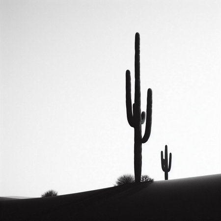 Silhouette of a cactus in the desert. black and whiteの素材
