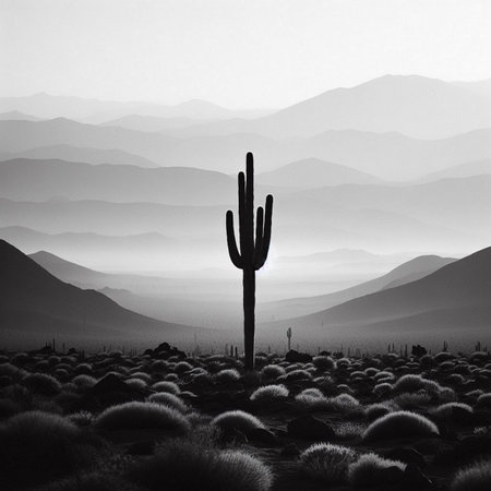 Silhouette of a cactus in the desert. black and whiteの素材