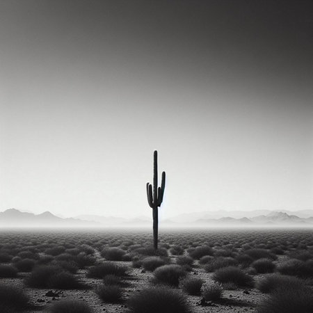 Silhouette of a cactus in the desert. black and whiteの素材