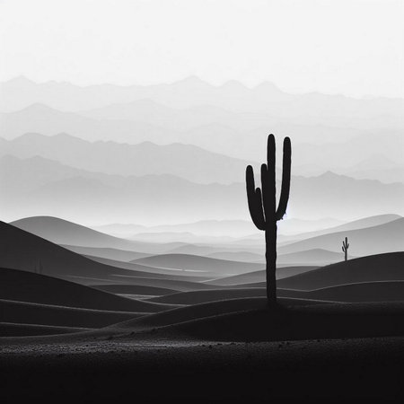 Silhouette of a cactus in the desert. black and whiteの素材