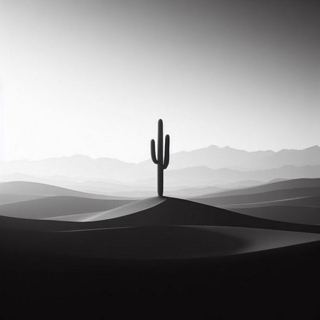 Silhouette of a cactus in the desert. black and whiteの素材