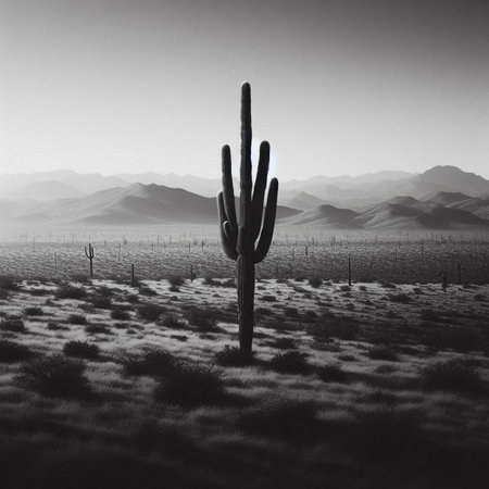 Silhouette of a cactus in the desert. black and whiteの素材