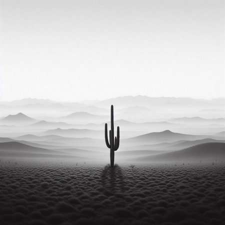 Silhouette of a cactus in the desert. black and whiteの素材