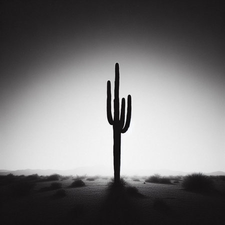 Silhouette of a cactus in the desert. black and whiteの素材