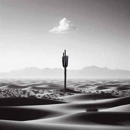 Silhouette of a cactus in the desert. black and whiteの素材