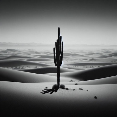 Silhouette of a cactus in the desert. black and whiteの素材