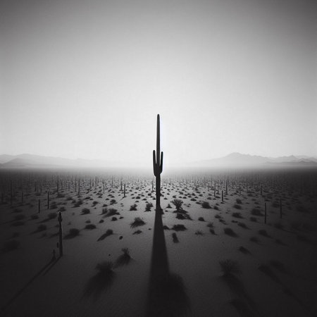 Silhouette of a cactus in the desert. black and whiteの素材