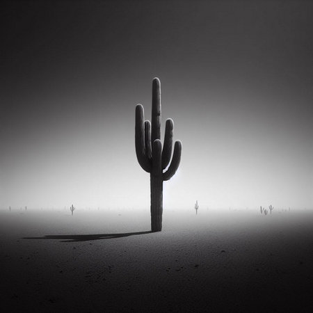 Silhouette of a cactus in the desert. black and whiteの素材