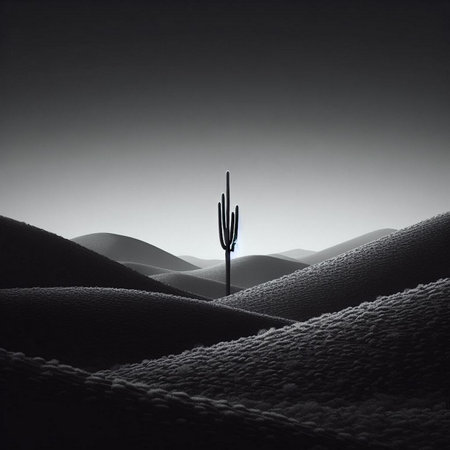 Silhouette of a cactus in the desert. black and whiteの素材