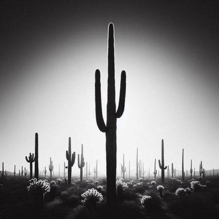 Silhouette of a cactus in the desert. black and whiteの素材