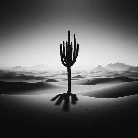 Silhouette of a cactus in the desert. black and whiteの素材