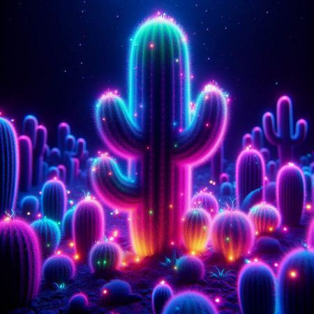 illustration of cactus with colorful neon lights on dark backgroundの素材