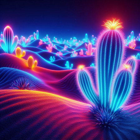 illustration of cactus with colorful neon lights on dark backgroundの素材