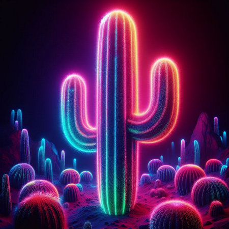 illustration of cactus with colorful neon lights on dark backgroundの素材