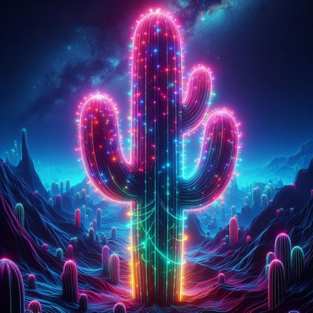 illustration of cactus with colorful neon lights on dark backgroundの素材