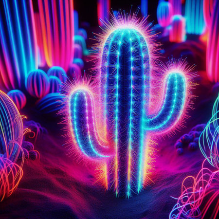 illustration of cactus with colorful neon lights on dark backgroundの素材
