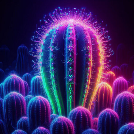 illustration of cactus with colorful neon lights on dark backgroundの素材