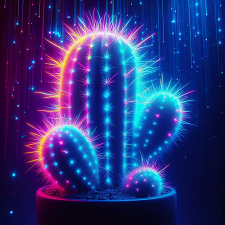 illustration of cactus with colorful neon lights on dark backgroundの素材