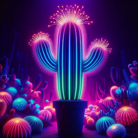illustration of cactus with colorful neon lights on dark backgroundの素材