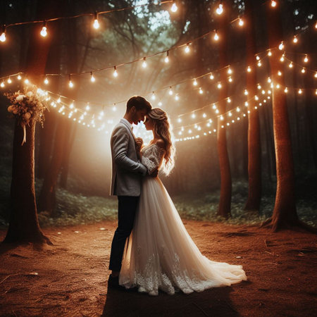 Wedding couple on the background of the night forest with lightsの素材