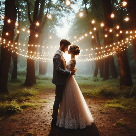 Wedding couple on the background of the night forest with lightsの素材