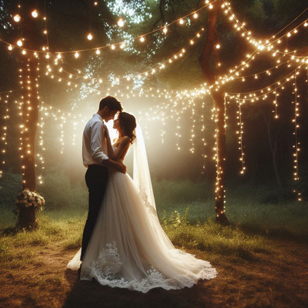 Wedding couple on the background of the night forest with lightsの素材