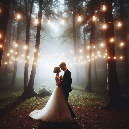 Wedding couple on the background of the night forest with lightsの素材